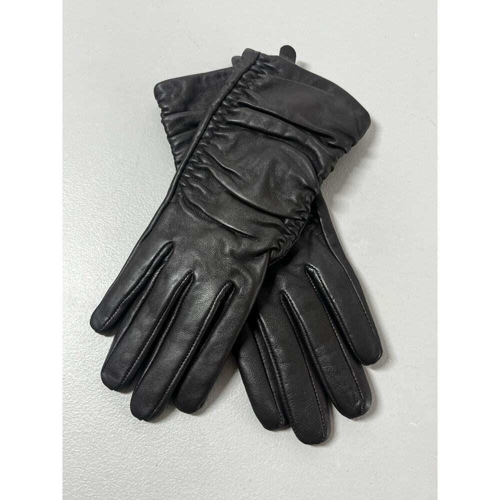 Adrienne Vittadini Leather Fleece Lined Gloves Womens Medium Soft Black Ruched